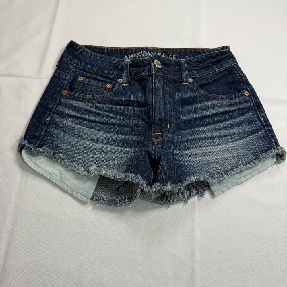 American Eagle Outfitters Blue Jean Shorts with Frayed Hem